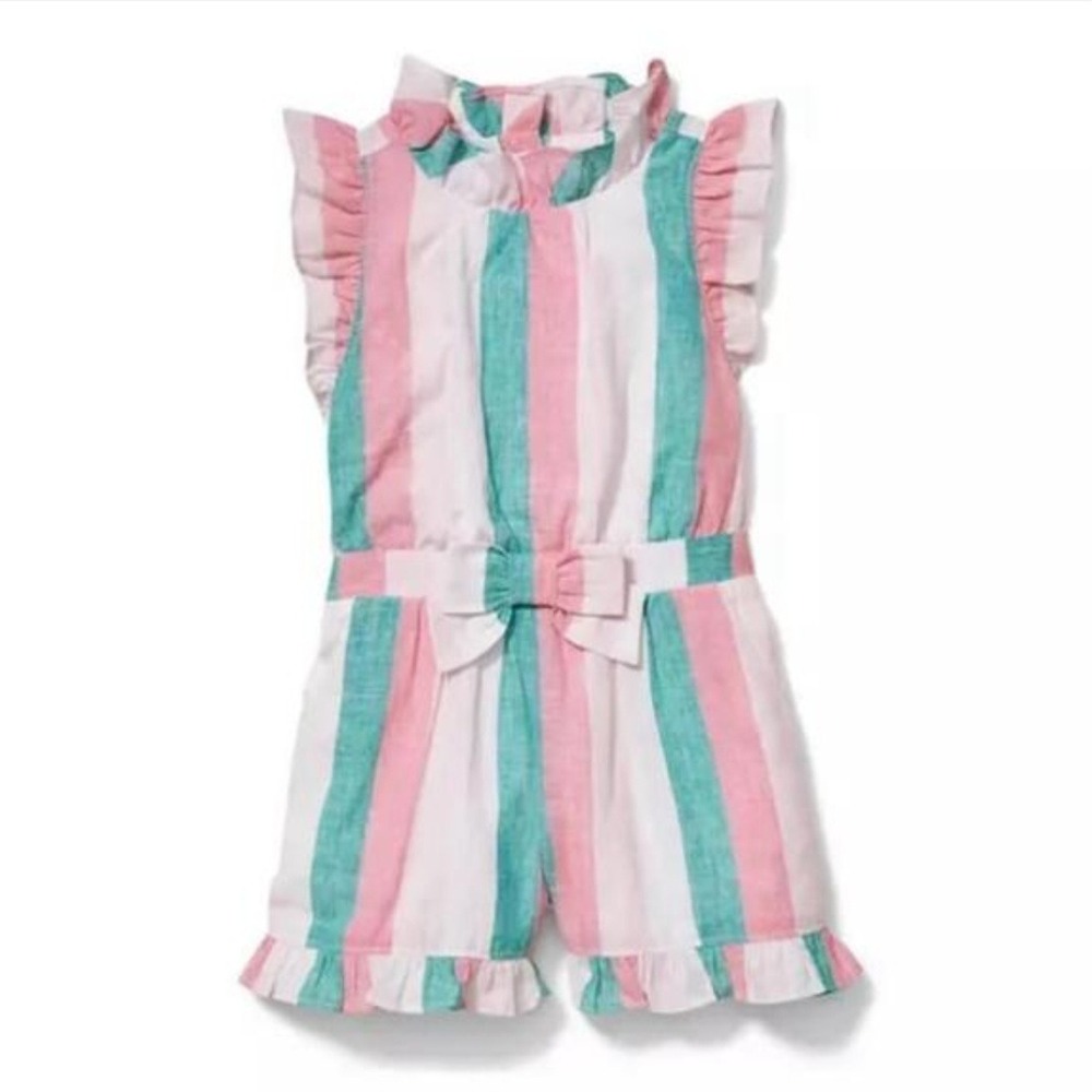 Janie and Jack Pink Green White Striped Ruffle Sleeveless Shorts Romper- Girl 12